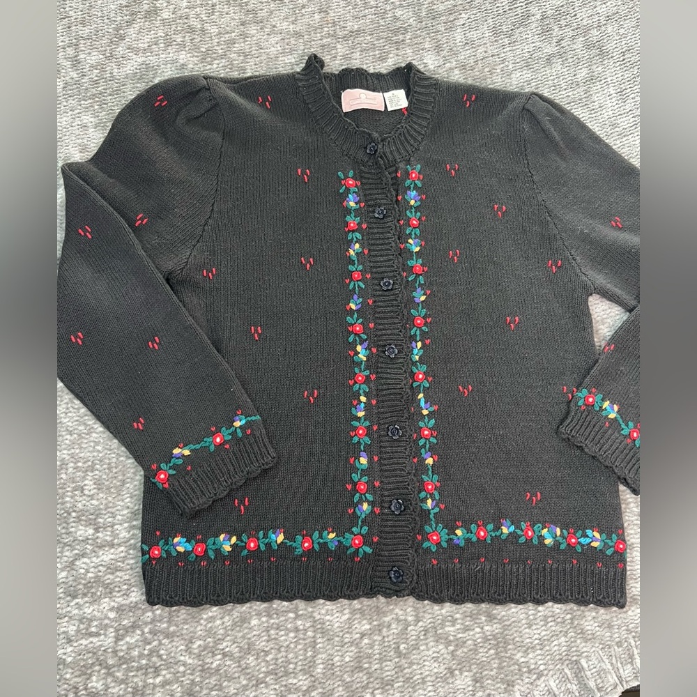 Classic‎ Directions Vintage Black Colorful Floral Embroidery Cardigan Sweater S